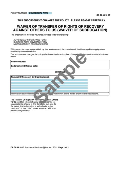 Waiver Of Subrogation printable pdf download