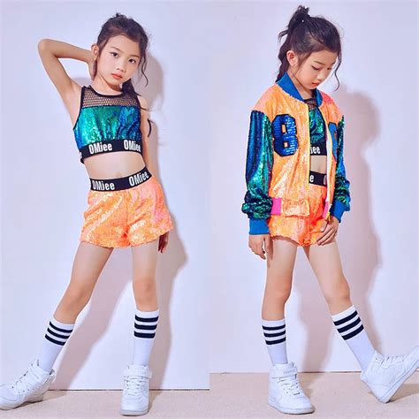 Childrens Jazz Costume Girls Modern Dancewear Hip Hop Sequins Set