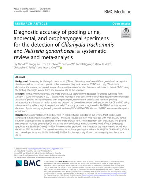 Pdf Diagnostic Accuracy Of Pooling Urine Anorectal And