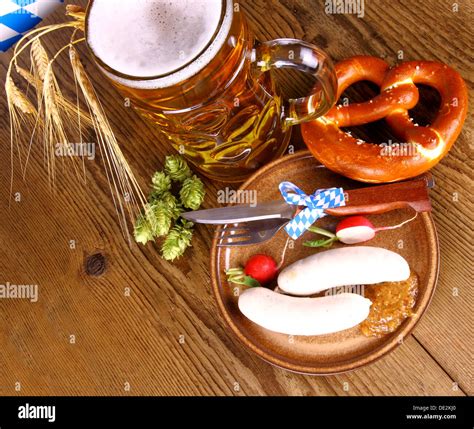 Oktoberfest Menu Beer White Sausage Pretzel And Radish Top View