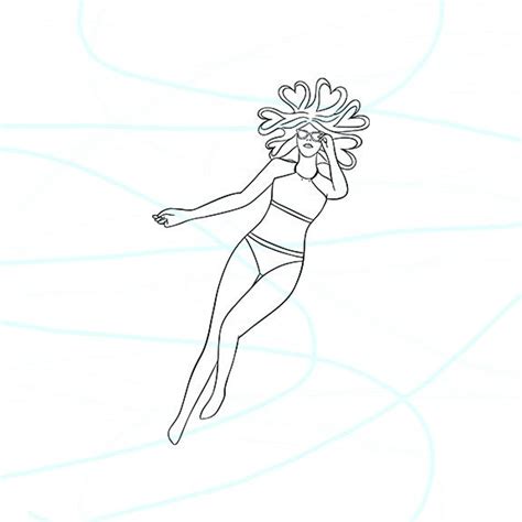 Line Drawing Outline Girl Lying Down With Heart-shaped Hair in Swimsuit Summer Beach Day Doodle ...