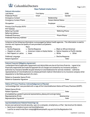 Page Of New Patient Intake Form Columbia Ortho Fill And Sign