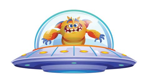 Funny Monster Alien Riding Ufo Cartoon Illustration Isolated On White