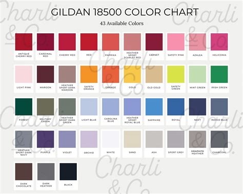 Gildan G500 Color Chart, Editable Gildan 18500 Color Chart, Gildan ...