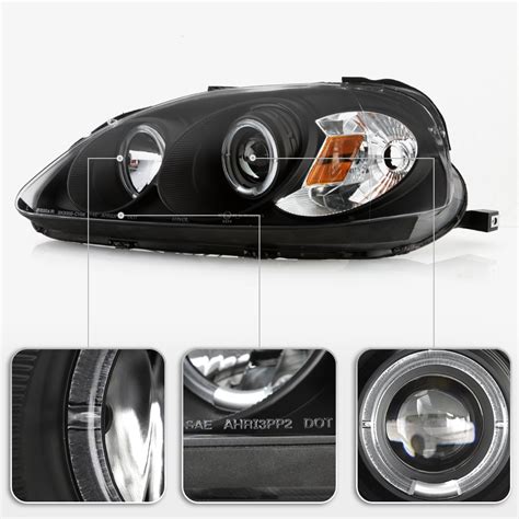 1999 2000 Honda Civic SI EX LX Angel Eye Halo Projector Headlights Black