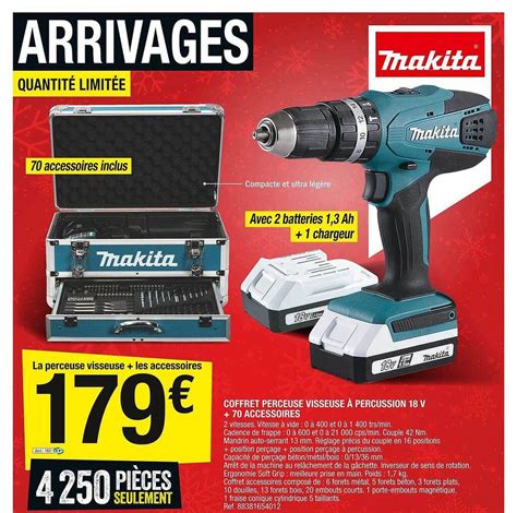 Promo Coffret Perceuse Visseuse à Percussion 18v 70 Accessoires Makita Chez Brico Dépôt