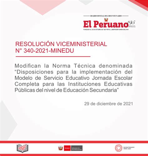 ResoluciÓn Viceministerial N° 340 2021 Minedu Modifican La Norma TÉcnica Denominada