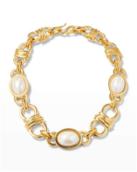 Kenneth Jay Lane Satin Gold Link Chain Necklace With 3 Pearly Headlight