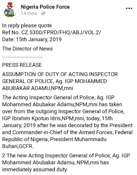 Acting IGP Adamu Resume Duty Release New Press Statement Naijaloaded