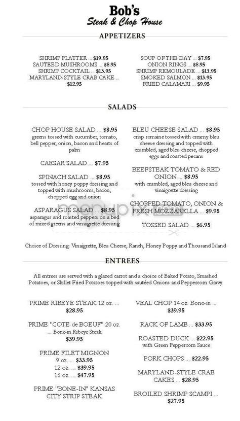 Menu of Bob's Steak & Chop House in Louisville, KY 40202