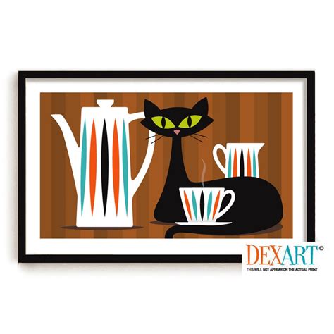 Mid Century Modern Cat And Kitchen Art Print Wall Art Black Cat Lover