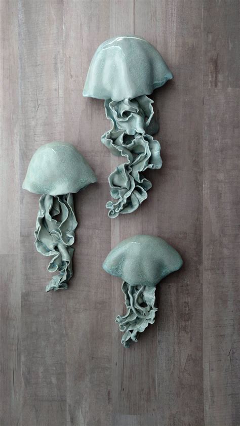 Jellyfish Ceramic Wall Sculpture Set Floating Blue Ocean Art