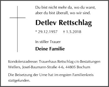 Traueranzeigen Von Detlev Rettschlag Trauer In Nrw De