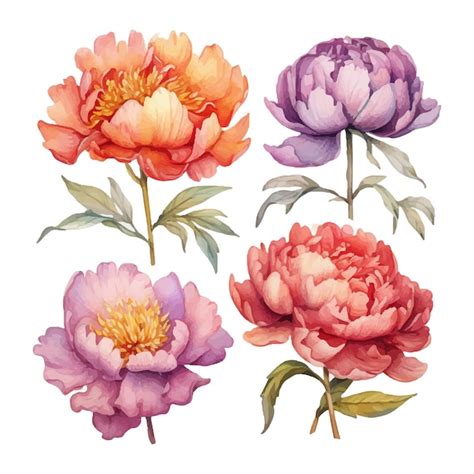 Premium Vector Peony Flower Set Watercolor Vector Illustration