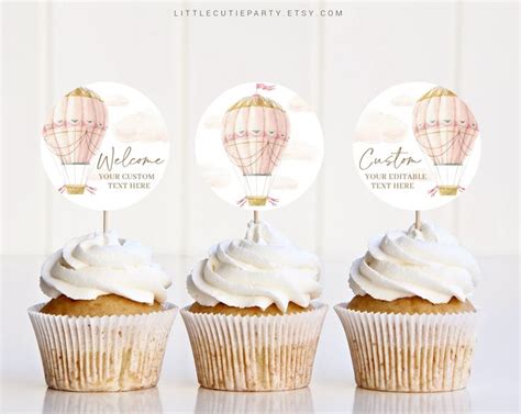 Editable Pink Hot Air Balloon Cake Topper Pink Hot Air Balloon Cupcake