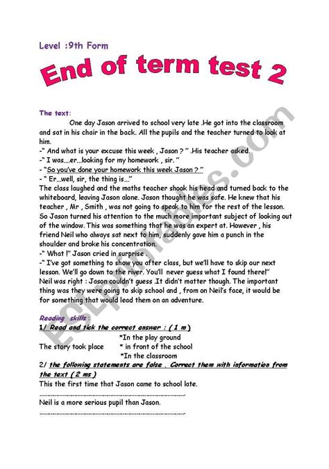 9th Form End Of Term Test 2 ESL Worksheet By Tunisian Teacher