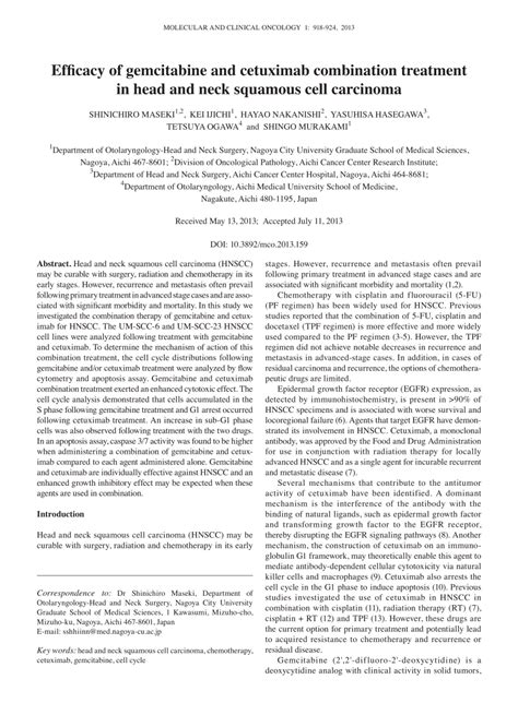 Pdf Efficacy Of Gemcitabine And Cetuximab Combination Treatment In