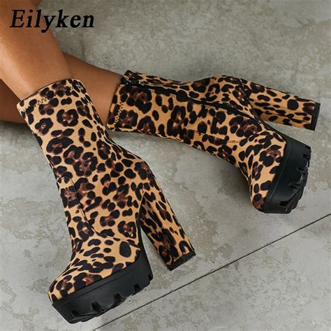 Eilyken Mulheres Leopardo Ankle Boots Saltos Grossos Ankle Boots