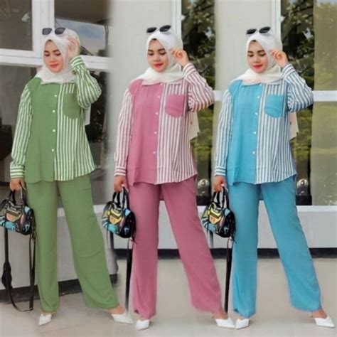 Jual Bella Set Setelan Rayon Premium Motif Garis Viral Oneset Wanita