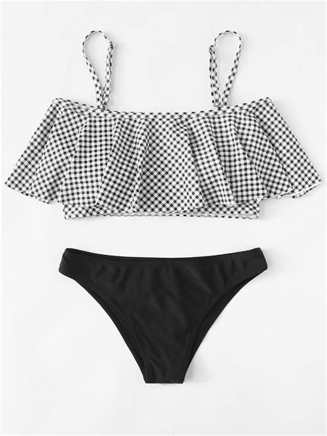 Flounce Cold Shoulder Plaid Bikini Set Shein Sheinside Flounce Top