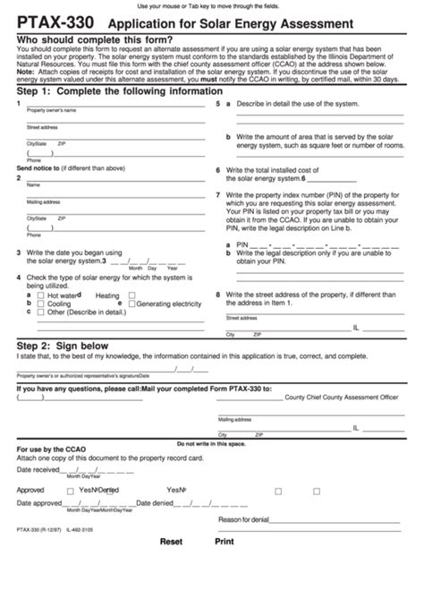 Fillable Ptax Form Application For Solar Energy Assessment