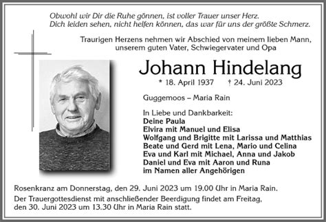 Traueranzeigen von Johann Hindelang Allgäuer Zeitung