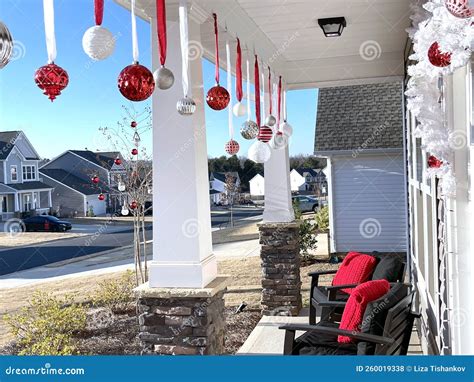 Exterior Of House Decorated For Christmas Stock Photo Image Of