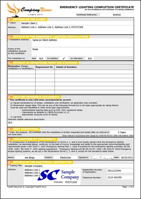 Emergency Lighting Test Certificate Template