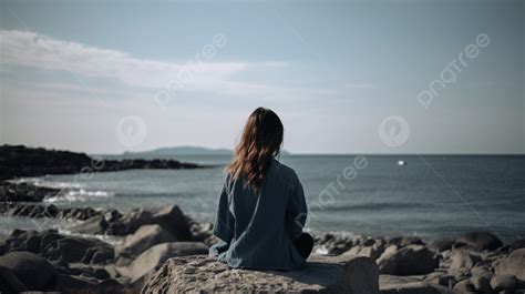 Woman Sitting On Rocks Looking At The Ocean Background Back View Of A