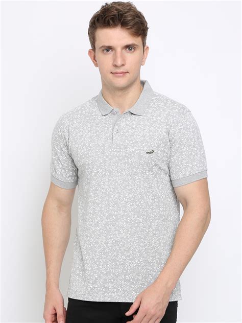 Buy Crocodile Men Grey Melange Printed Slim Fit Polo Collar T Shirt