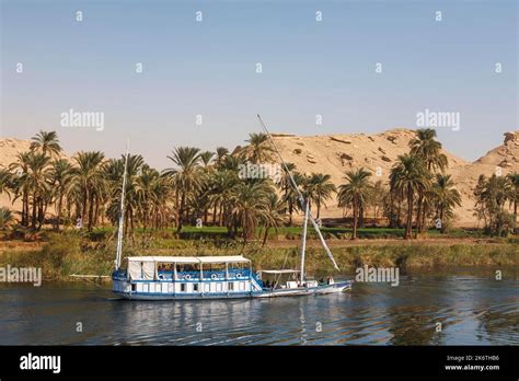 Excursion Boat Anchors On The Shore Nile Egypt Stock Photo Alamy