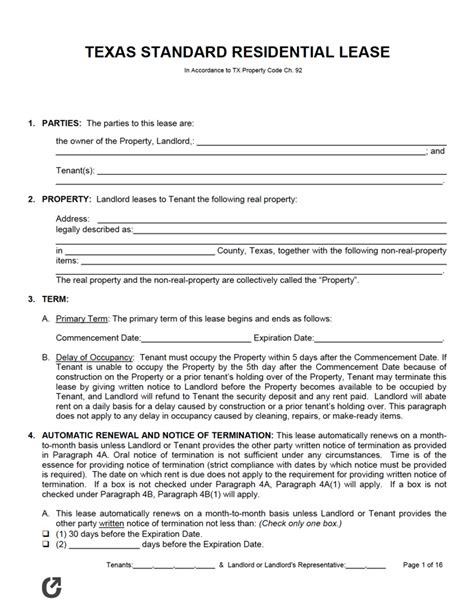 Free Texas Standard Residential Lease Agreement Pdf