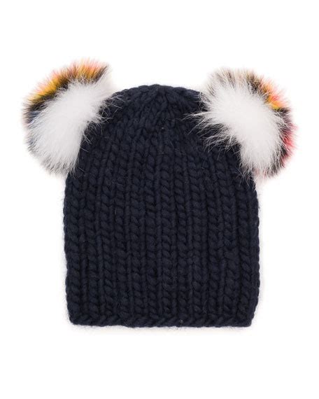 Eugenia Kim Mimi Knit Beanie Hat W Fur Pompoms Navy Bergdorf Goodman