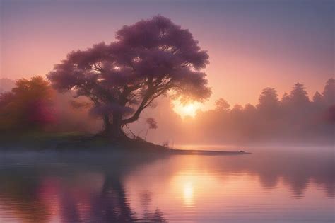 Generate A Serene Lakeside Scene At Dawn With Mist Gently Rising From