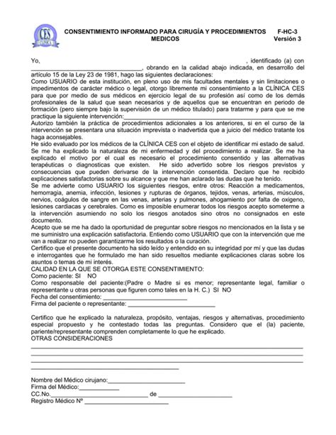 Consentimiento Informado Para Cirug A Y Procedimientos F Hc Medicos