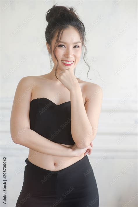 Close Up Of Beautiful Sexy Asian Woman Smile Young Girl With Perfect Skin Look At Camera Stock