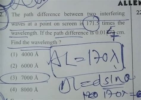 The path difference between two interfering waves at a point on screen is..