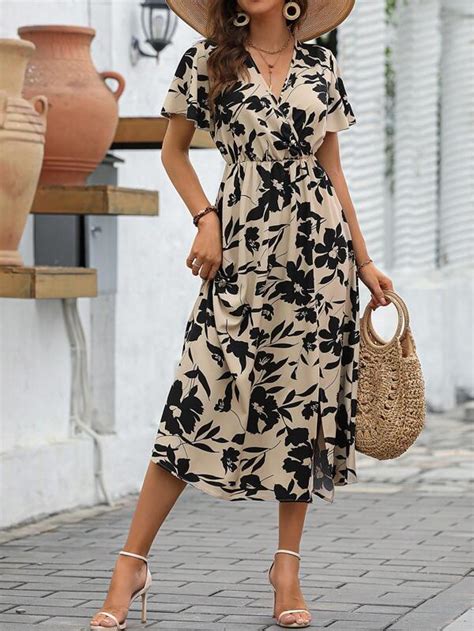 Shein Vcay Floral Print Butterfly Sleeve Split Thigh Dress Shein Usa