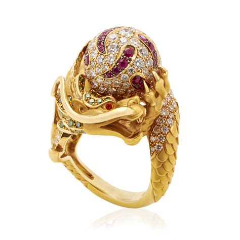 Magerit Womens 18k Yellow Gold Multi Diamond And Gemstone Dragon Ring