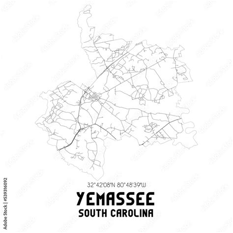 Yemassee South Carolina. US street map with black and white lines ...