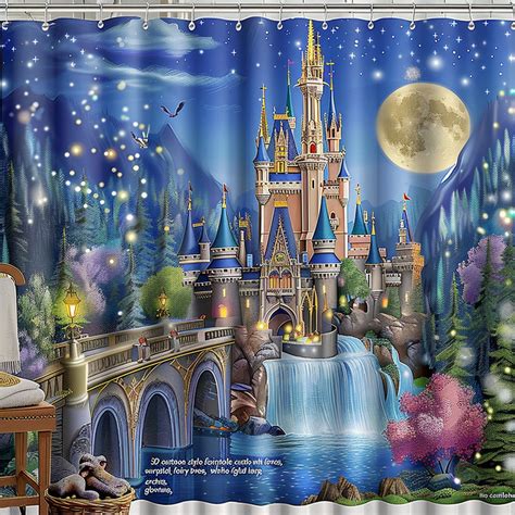 Enchanting Fairytale Castle Shower Curtain Cartoon Style With Moonlight