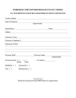 Fillable Online Worksheet For Township Road Occupancy Permit Fax Email