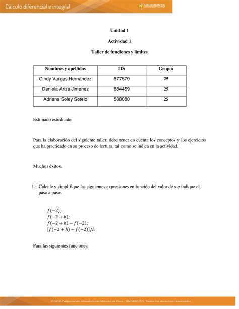 Taller Funciones Y Limites Final Calculo Diferencia E Integral