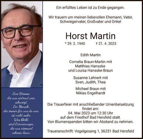 Traueranzeigen Von Horst Martin Trauer Hersfelder Zeitung De