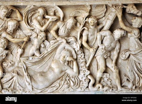 Bas Relief And Sculpture Details In Stone Of Roman Gods And Emperors