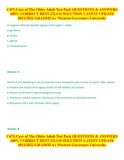 C475 Care Of The Older Adult Test Pack Questions And Answers 100 Correct