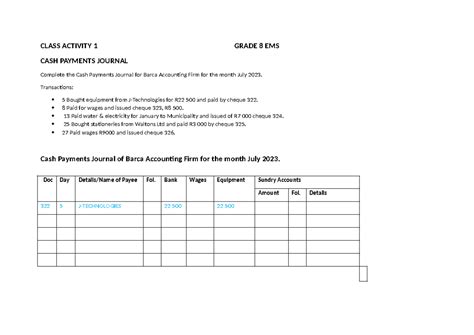 CPJ Activity Grade 8 CPJ Practice CLASS ACTIVITY 1 GRADE 8 EMS CASH