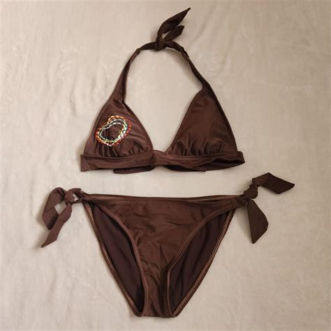 Vintage Brown Y2k Two Piece Hobie Bikini With Heart Depop