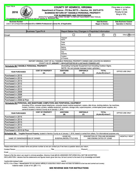 Fillable Form 740 A Business Return Of Tangible Personal Property For