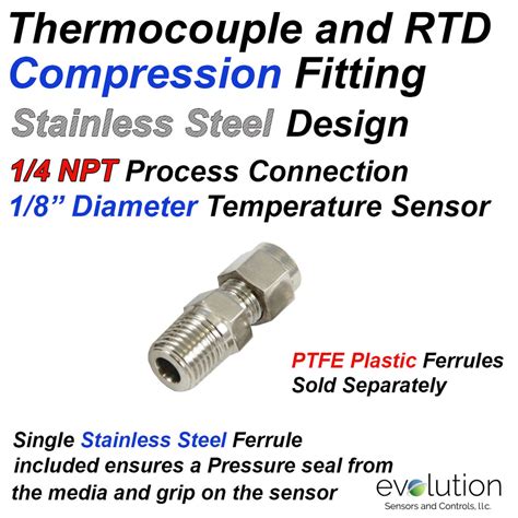 Thermocouple Compression Fitting Stainless Steel 14 Npt To 18 Probe Evolution Sensors And